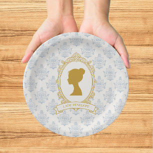 Elegante blaue und goldene Damast-Brautparty Pappteller