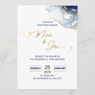 Elegante blaue und goldene florale Hochzeitseinlad Programm