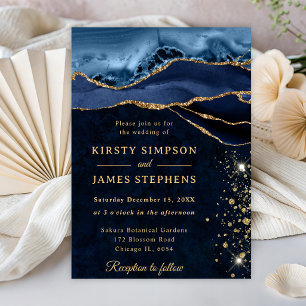 Elegante blaue und goldene Glitter-Achat-Hochzeit Einladung