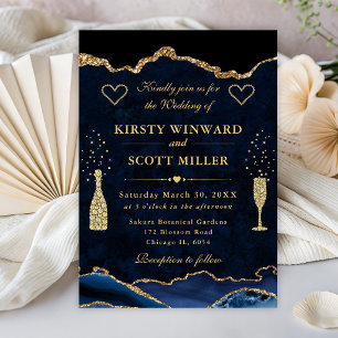 Elegante blaue und goldene Glitter-Achat-Hochzeit Einladung