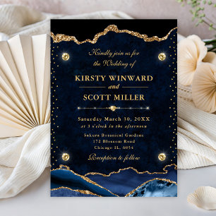 Elegante blaue und goldene Glitter-Achat-Hochzeit Einladung