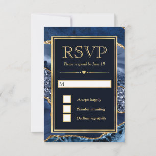 Elegante blaue und goldene Glitter-Achat-Hochzeit RSVP Karte