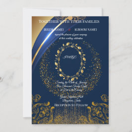 Elegante blaue und goldene Hochzeitseinladung mit  Einladung