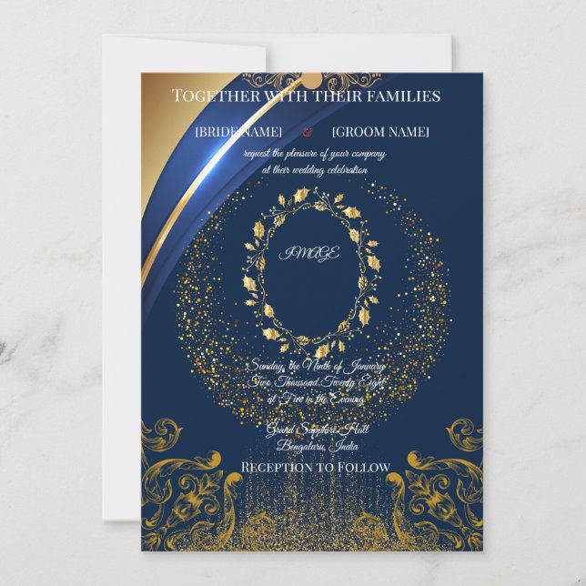 Elegante blaue und goldene Hochzeitseinladung mit  Einladung (Vorderseite)