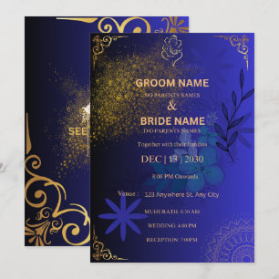 Elegante blaue und goldene indische Hochzeitseinla Einladung