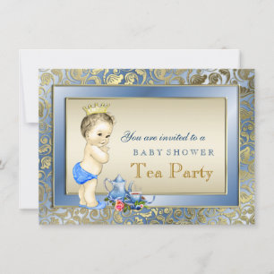 Elegante Blaue und Goldene Jungen-Teeparty-Baby-Sh Einladung