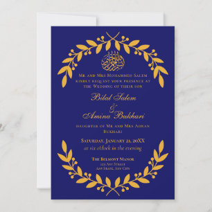 Elegante blaue und goldene Leaf islamische Hochzei Einladung