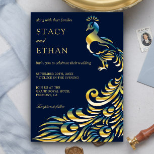 Elegante blaue und goldene Pfauen-Hochzeitseinladu Einladung