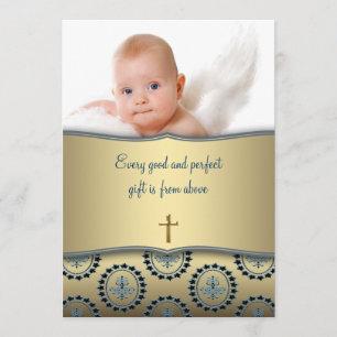 Elegante Blaue und Goldene Taufe Foto für Baby Jun Einladung