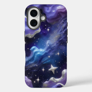 Elegante blaue und Lila Galaxie mit schimmernder C iPhone 16 Hülle