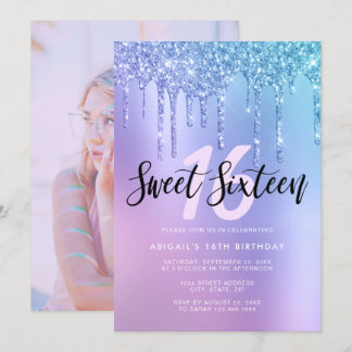 Elegante blaue und lila Glitzer Tropfen 16 . Gebur Einladung