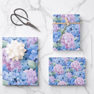 Elegante blaue und rosa Hortensie Geschenkpapier Set