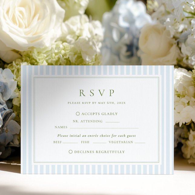 Elegante Blaue und Sage gestreifte Hochzeit RSVP Karte (Von Creator hochgeladen)