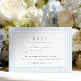 Elegante blaue und salbeigrün gestreifte Hochzeit RSVP Karte