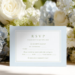 Elegante blaue und salbeigrüne Hochzeit RSVP Karte