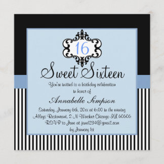 Elegante blaue und schwarze stilvolle Sweet 16 Ein Einladung