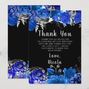 Elegante blaue und silberne Blumen Geburtstagsfeie Dankeskarte