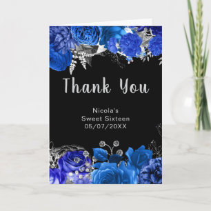 Elegante blaue und silberne Blumen Sweet Sixteen Dankeskarte