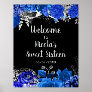 Elegante blaue und silberne Blumen Sweet Sixteen Poster