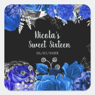 Elegante blaue und silberne Blumen Sweet Sixteen Quadratischer Aufkleber