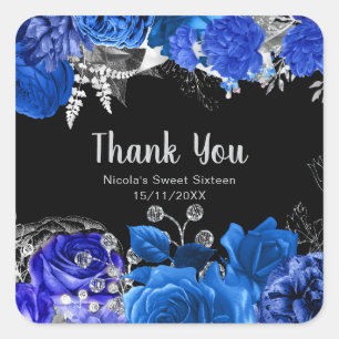 Elegante blaue und silberne Blumen Sweet Sixteen Quadratischer Aufkleber