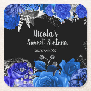 Elegante blaue und silberne Blumen Sweet Sixteen Rechteckiger Pappuntersetzer