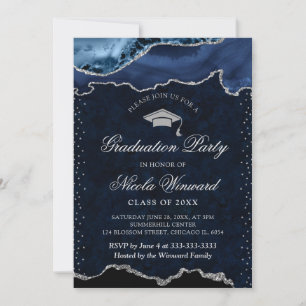 Elegante Blaue und Silberne Marmor-Achat-Abschluss Einladung