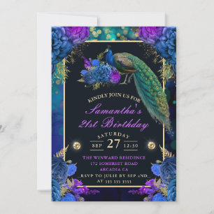 Elegante blaue und violette Blumen Pfau Geburtstag Einladung