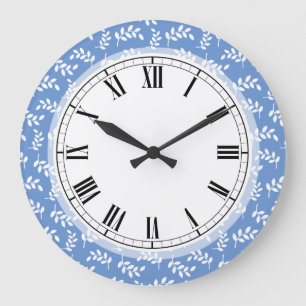 Elegante blaue und weiße Blätter Frühling Naturlie Große Wanduhr