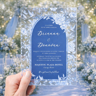 Elegante blaue und weiße botanische Hochzeit mit V Acryleinladungen