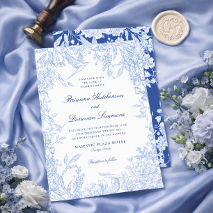 Elegante blaue und weiße botanische Vogel-Hochzeit Einladung