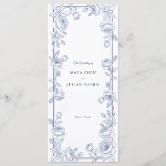 Elegante blaue und weiße Chinoiserie-Blumenhochzei Programm