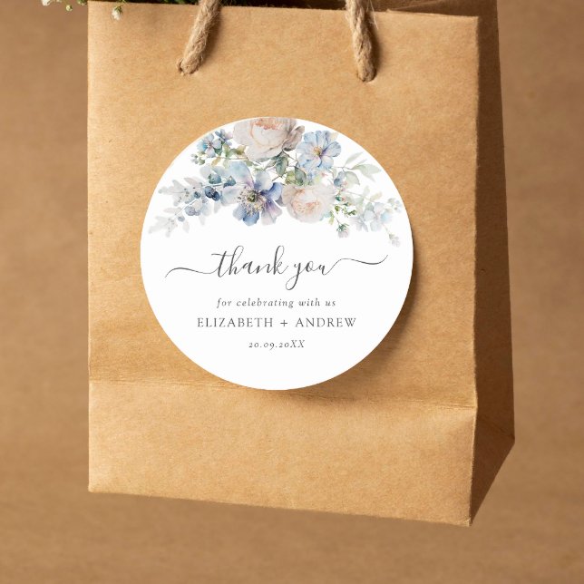 Elegante blaue und weiße Hochzeit Runder Aufkleber (Von Creator hochgeladen)