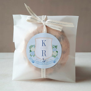 Elegante Blaue und Weiße Küsten-Monogramm-Hochzeit Runder Aufkleber