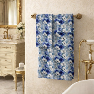 Elegante blaue und weiße Rosen und Lilien  Badhandtuch Set