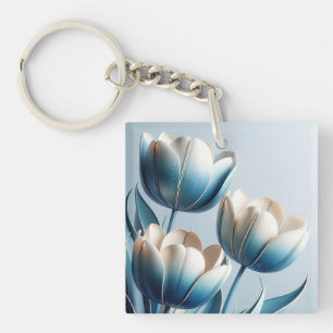 Elegante blaue und weiße Tulpen Schlüsselanhänger