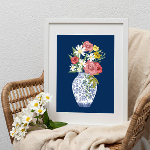 Elegante blaue Vase und blühende Blume Poster