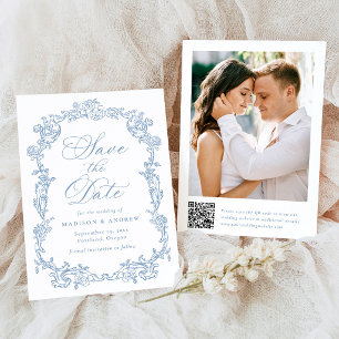 Elegante blaue viktorianische Blumen-Hochzeit mit Save The Date