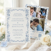 Elegante blaue viktorianische Foto-QR-Code-RSVP-Ho