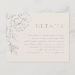 Elegante blaue Vintage-Blumen-Hochzeitsdetails Begleitkarte
