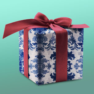 Elegante blaue Vintage-Toile-Damask-Muster Geschenkpapier Set