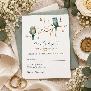 Elegante Blaue Vögel Wald Botanische Hochzeit RSVP Karte