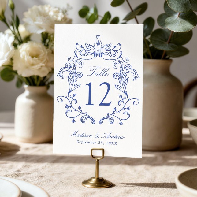 Elegante Blaue Wappen-Hochzeit Tischnummer (Von Creator hochgeladen)