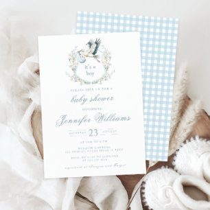 Elegante Blaue Wappen mit Storch Baby Boy Shower Einladung
