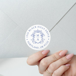 Elegante blaue Wappen-Rücksendeadresse Runder Aufkleber