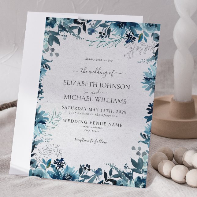 Elegante Blaue Wasserfarbe Botanische Winterhochze Einladung (Winter Wedding Invitation)
