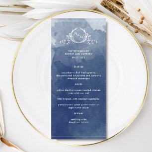 Elegante blaue Wasserfarbe, Monogramm Hochzeit Menükarte