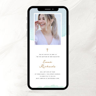 Elegante Blaue Wasserfarbe und Foto Taufe Einladung