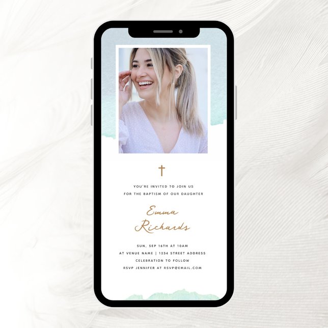 Elegante Blaue Wasserfarbe und Foto Taufe Einladung (Von Creator hochgeladen)