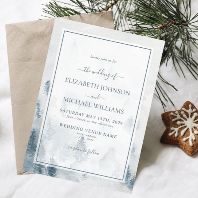 Elegante Blaue Wasserfarben Pine Trees Winter Wedd Einladung (Winter Wedding Invitation)